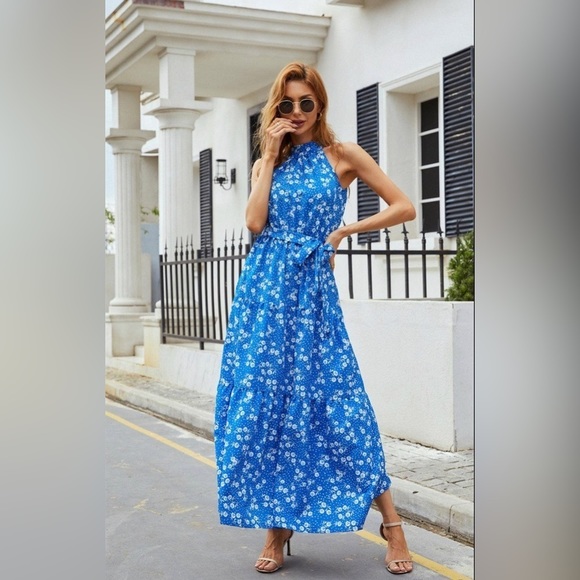 NWT Women’s Halter neck, Maxi layer dress in blue and Flora with leaf dot print - Picture 5 of 6